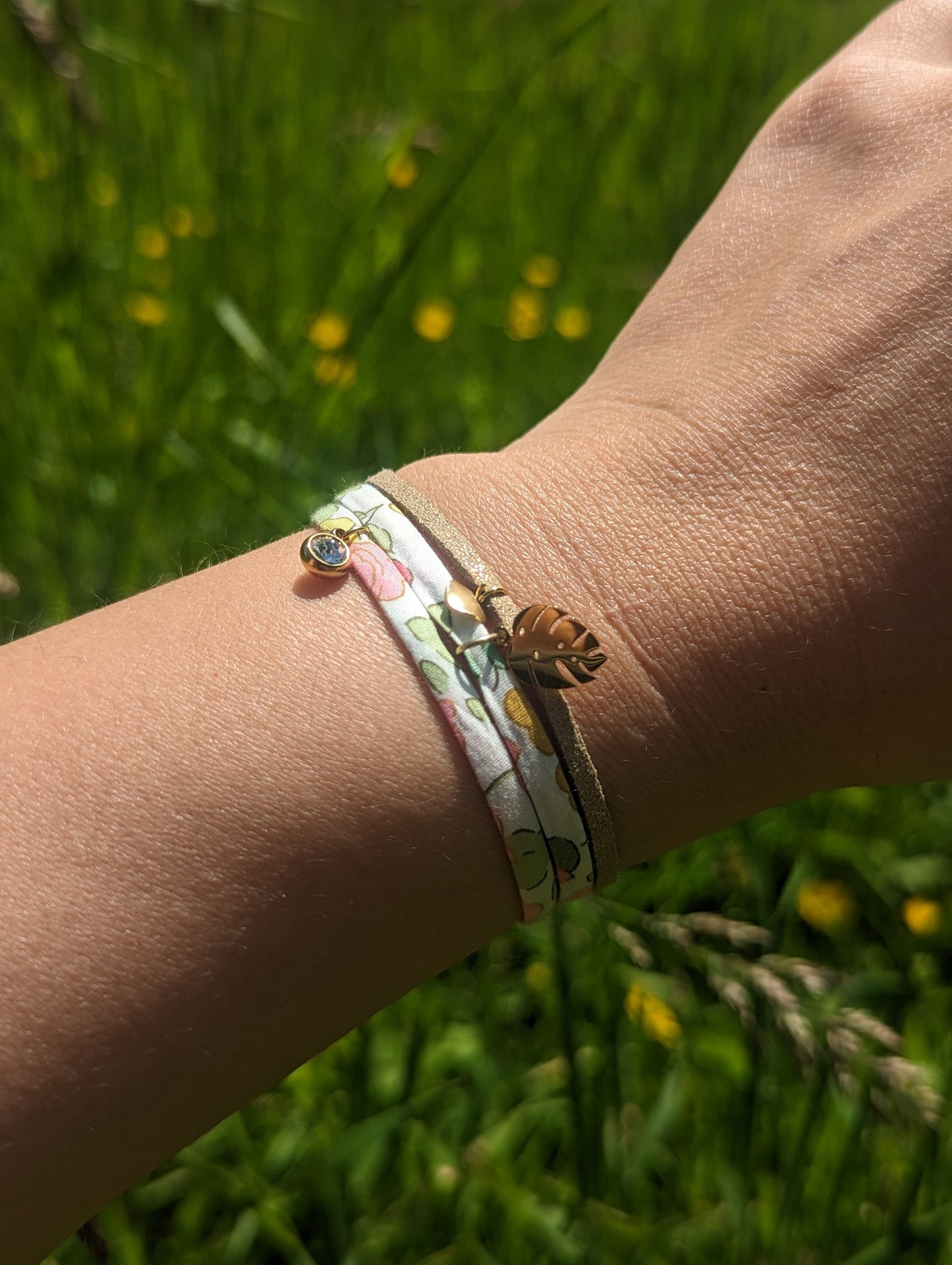 Bracelet en liberty 3 cordons vert et or