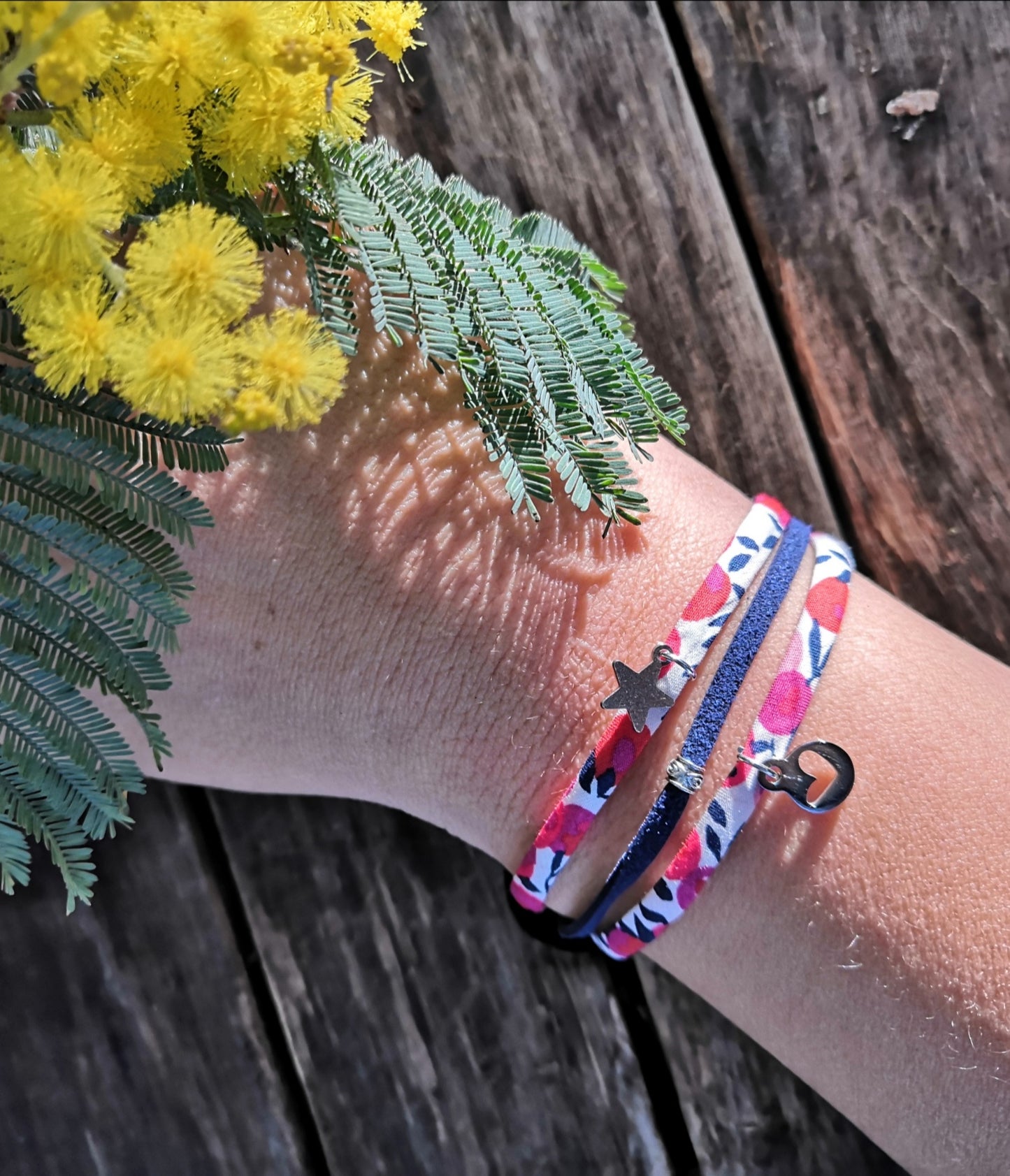Bracelet en liberty 3 cordons - rouge & bleu