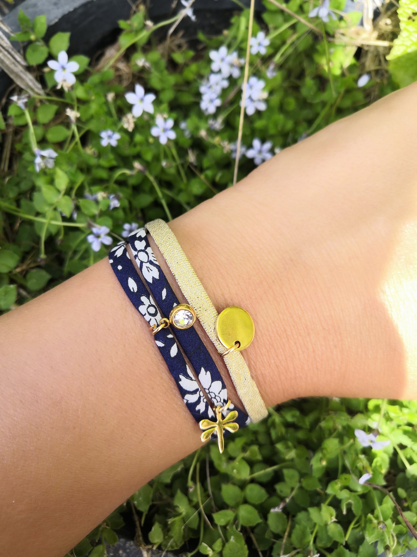 Bracelet en liberty 3 cordons - Bleu et or